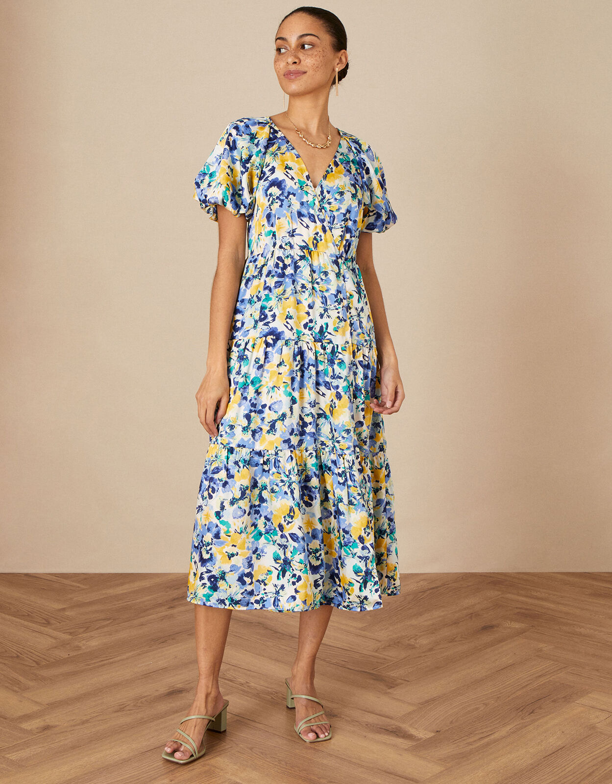 Floral Tiered Wrap Dress in Recycled Polyester Blue | Casual \u0026 Day Dresses  | Monsoon UK.